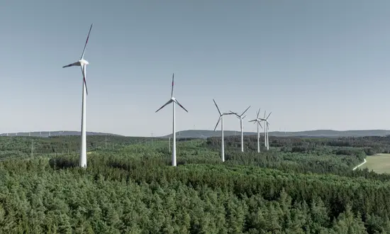 Die Windkraftanlage im Wald: Standortwahl und ihre Auswirkungen Mehrere Windräder in einer bewaldeten Landschaft unter blauem Himmel.