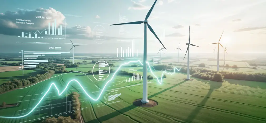 Windräder auf einem Feld unter leicht bewölktem Himmel, umgeben von Finanzdiagrammen, symbolisieren Investitionen in Windenergie. Windräder auf einem Feld unter leicht bewölktem Himmel, umgeben von Finanzdiagrammen, symbolisieren Investitionen in Windenergie.