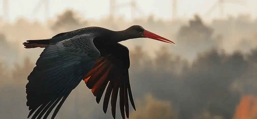 Schwarzer Storch fliegt im Vordergrund, im Hintergrund Windräder und Bäume bei Sonnenaufgang. Schwarzer Storch fliegt im Vordergrund, im Hintergrund Windräder und Bäume bei Sonnenaufgang.