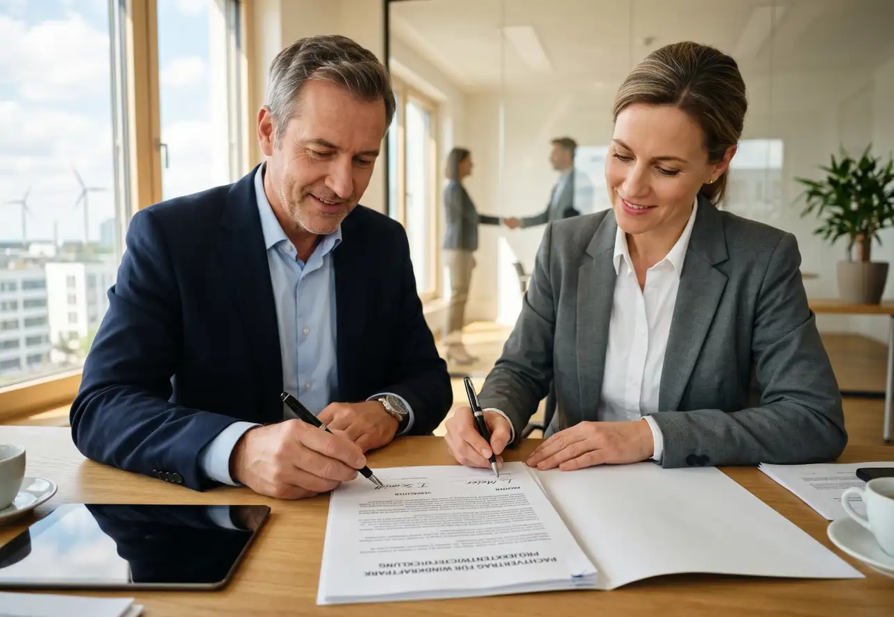 Der Gestattungsvertrag regelt alle wesentlichen Rechte und Pflichten zwischen Flächeneigentümer und Projektentwickler – von der Pachthöhe bis zur Rückbaupflicht. Zwei Personen unterzeichnen gemeinsam einen Windkraft-Pachtvertrag am Tisch.