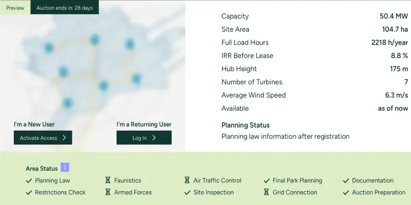 Access to Marketplace and Data Room Caeli Marketplace detail page with pre-checked land information for a specific wind site.