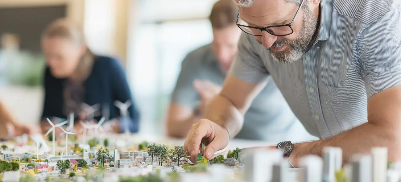 Windenergie für private Grundeigentümer als Poolinggemeinschaft Ein Mann arbeitet im Vordergrund an einem Modell eines Windparks, im Hintergrund sind zwei Personen verschwommen.