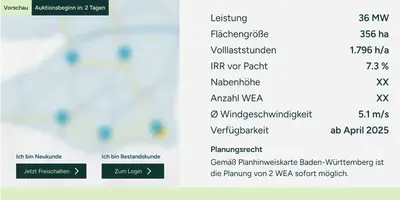 Zugang zum Marktplatz und Datenraum Detailseite des Caeli Marktplatzes mit Flächendetails eines Windstandorts.