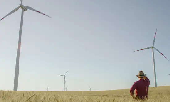 Person mit rotem Hemd und Hut steht auf einem Feld und blickt auf Windräder in der Nähe.