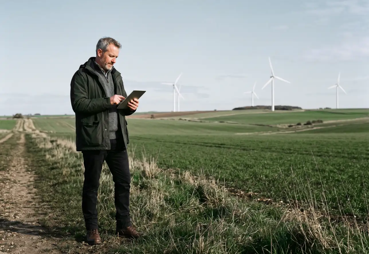Ob Ackerland, Wald oder kommunales Grundstück – welche Flächen für Windenergie infrage kommen, lässt sich mit einer ersten Standortanalyse schnell einschätzen. Grundeigentümer steht mit Tablet auf einem Feld und prüft das Windkraftpotenzial seines Grundstücks.