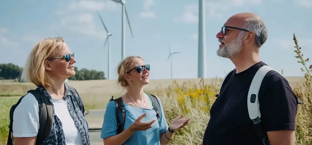 Mehrere Personen stehen auf einem Feld mit Windrädern im Hintergrund und sprechen miteinander. Mehrere Personen stehen auf einem Feld mit Windrädern im Hintergrund und sprechen miteinander.