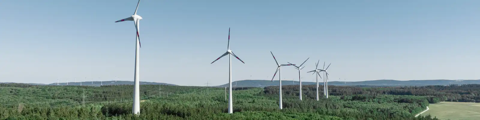 Windkraftanlagen auf Waldflächen von Landes- und Staatsforsten unter blauem Himmel. Windkraftanlagen auf Waldflächen von Landes- und Staatsforsten unter blauem Himmel.