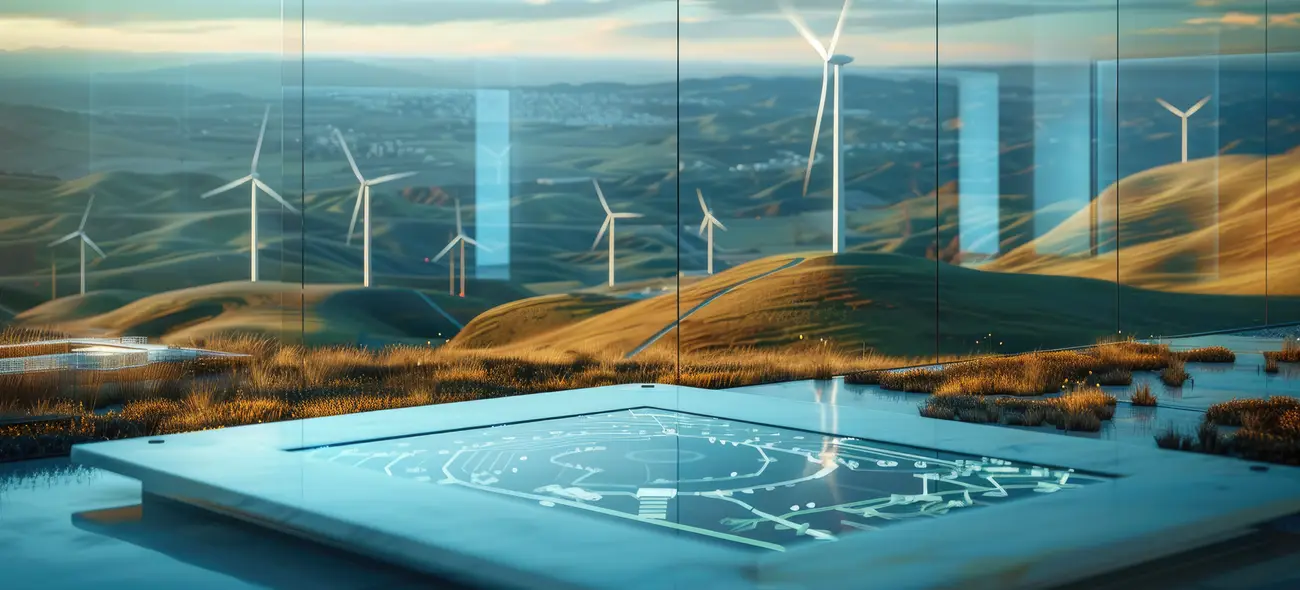 Digitale Visualisierung eines Windparks in hügeliger Landschaft, vorne ein Display mit Planungsdaten.