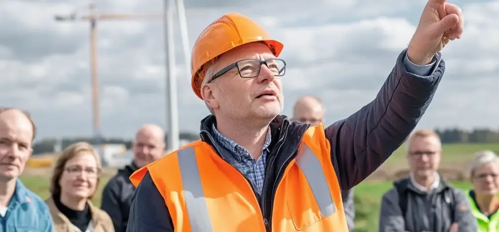 Mann in Warnweste zeigt auf Windräder in der Ferne und informiert eine Personengruppe. Mann in Warnweste zeigt auf Windräder in der Ferne und informiert eine Personengruppe.