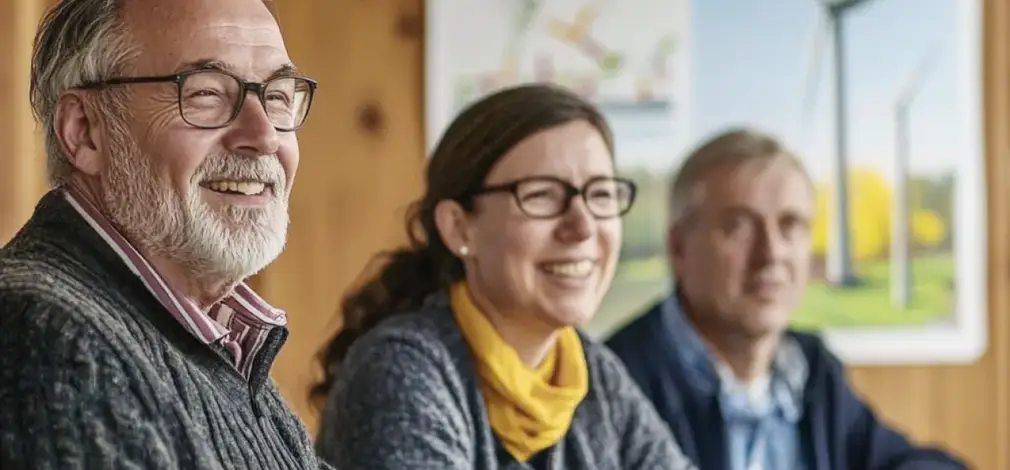 Gruppe von Personen sitzt am Tisch, unterhält sich, Windräder auf einem Plakat im Hintergrund. Gruppe von Personen sitzt am Tisch, unterhält sich, Windräder auf einem Plakat im Hintergrund.