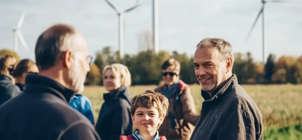 Gruppe von Personen, darunter ein Kind, besichtigt einen Windpark, im Hintergrund Windräder. Gruppe von Personen, darunter ein Kind, besichtigt einen Windpark, im Hintergrund Windräder.